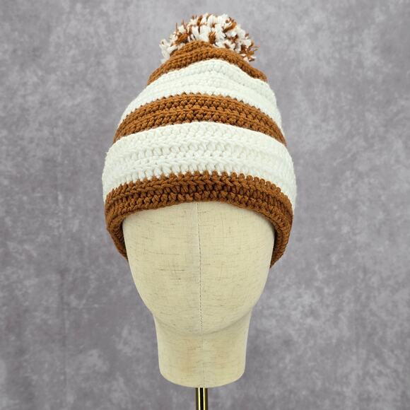 Brown Pom Pom White Cable Knit Vintage Y2k Funky Beanie‎ Crochet Hat